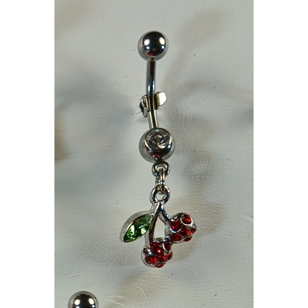 Vintage 90s Belly Button Rings 316L Surgical Steel 14G Cherry Flower CZ 7pc Set - Picture 9 of 17